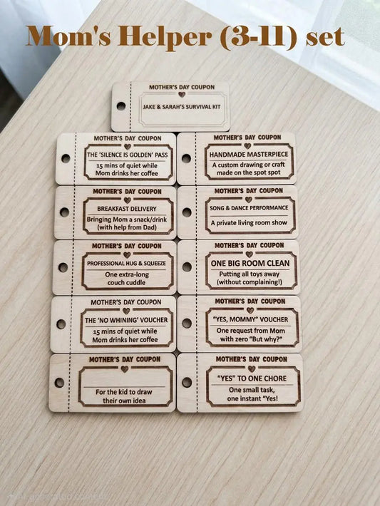 Wooden Mother Day Coupons – Kids Help & Chore Vouchers – Birch Plywood Gift Mom's Little Helpers (3-11)