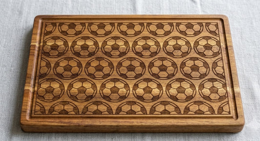 Full pattern soccer engraved serving board featuring a large football print, ideal for charcuterie and sports fan gift displays.