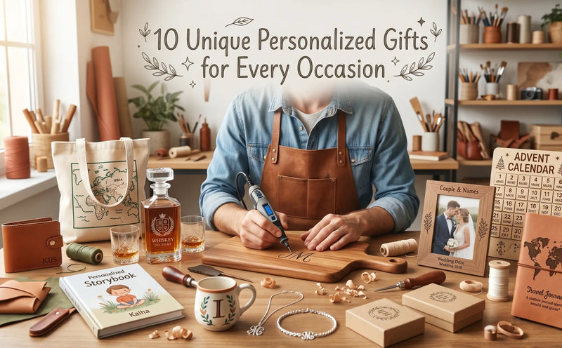 Workshop operator working over a desk with several option for personalized gifts