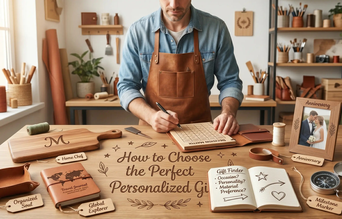 Workshop worker over a wood desk working on personalized gifts projects