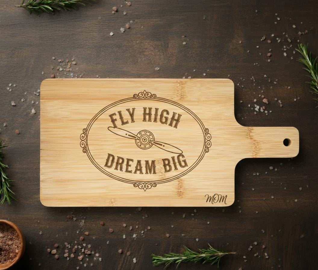 Personalize Engraved Pilot Charcuterie board with Quote "Fly High Dream Big" in - Pilot Gift