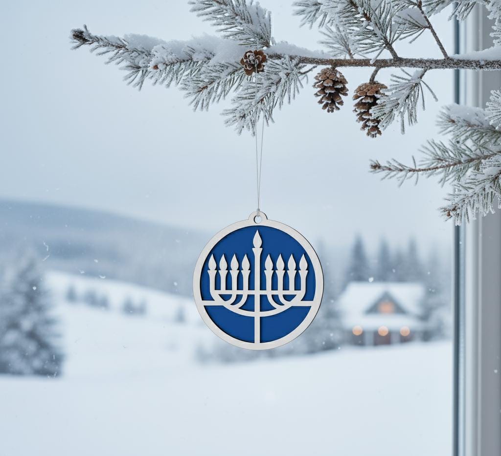 Two Layered Hanukkah Hanukkiah Ornament - Laser Cut Wood, Painted Blue & White