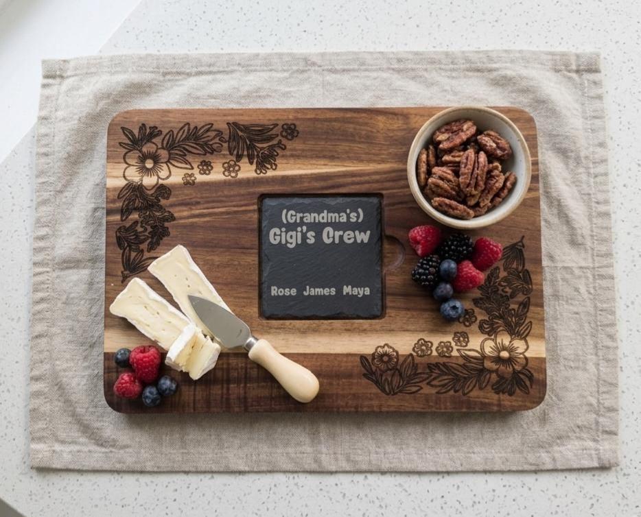 Custom Acacia Wood Serving Board with Slate Inlay, Floral Engraving, Personalized Gift