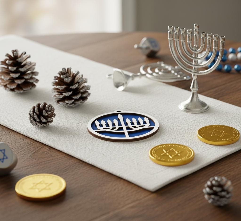 Two Layered Hanukkah Hanukkiah Ornament - Laser Cut Wood, Painted Blue & White