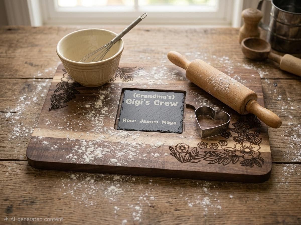 Custom Acacia Wood Serving Board with Slate Inlay, Floral Engraving, Personalized Gift