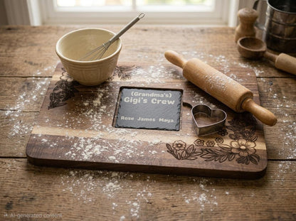 Custom Acacia Wood Serving Board with Slate Inlay, Floral Engraving, Personalized Gift