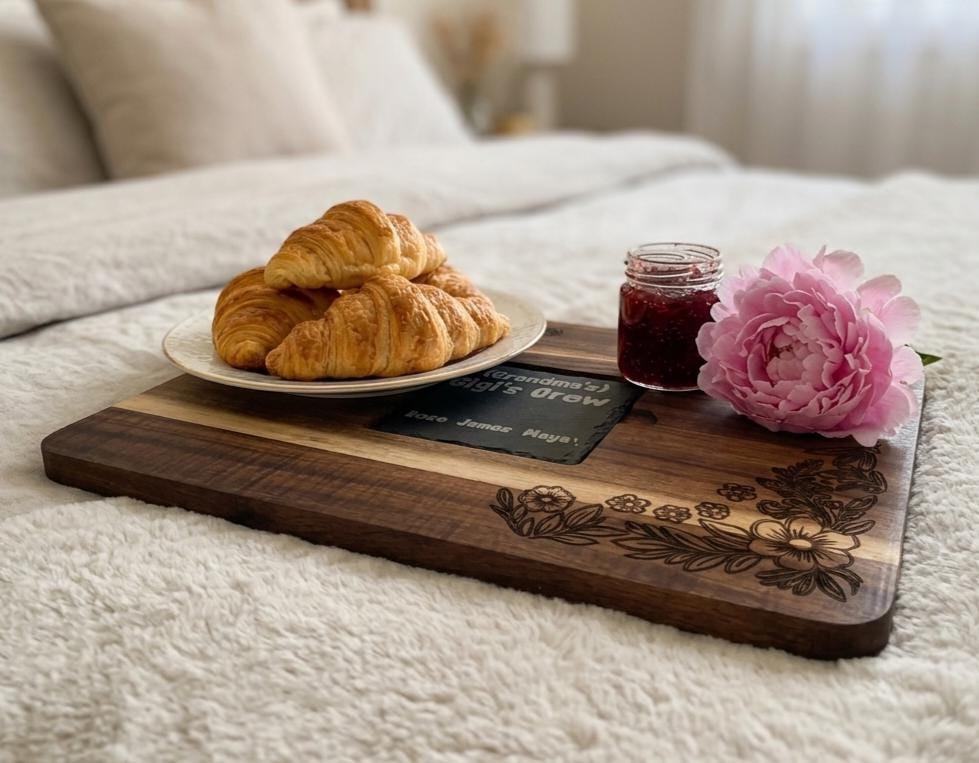 Custom Acacia Wood Serving Board with Slate Inlay, Floral Engraving, Personalized Gift