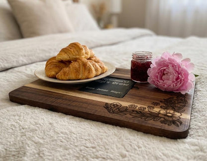 Custom Acacia Wood Serving Board with Slate Inlay, Floral Engraving, Personalized Gift