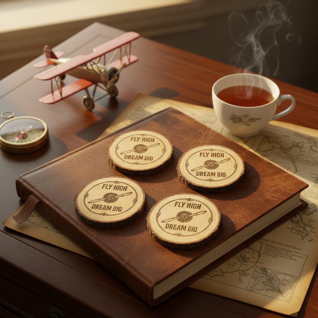 Fly High, Dream Big - pilot gift Coasters Set (Set of 4) - Choose Your Material Set of 4 in Wood