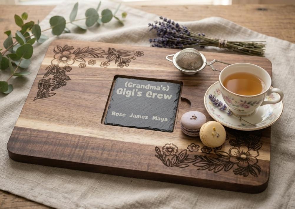 Custom Acacia Wood Serving Board with Slate Inlay, Floral Engraving, Personalized Gift