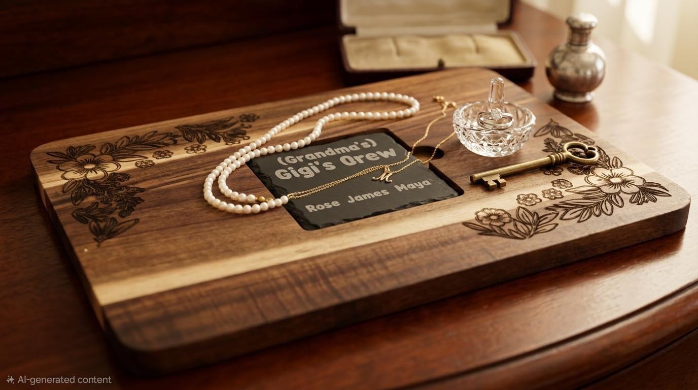 Custom Acacia Wood Serving Board with Slate Inlay, Floral Engraving, Personalized Gift