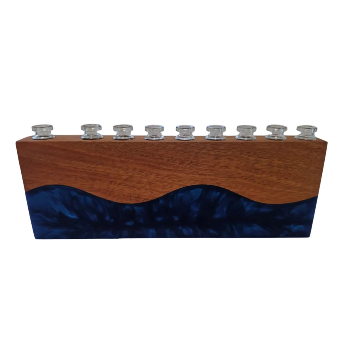 Personalized Hanukkah menorah with narra wood, blue resin river, engraved family name, and 9 glass candle holders