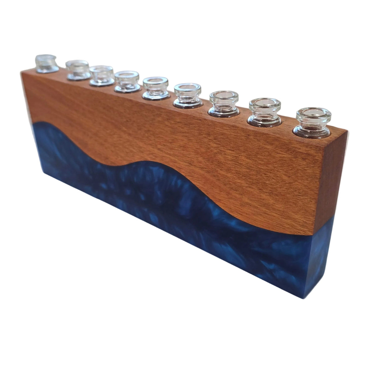 Personalized Hanukkah menorah in narra wood and blue resin with engraved family name and nine glass candle holders