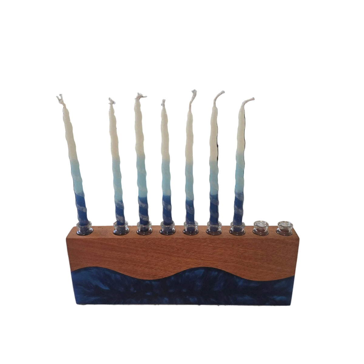 Personalized Hanukkah menorah by The Present Spot, narra wood and blue resin river with engraved family name and 9 glass holders