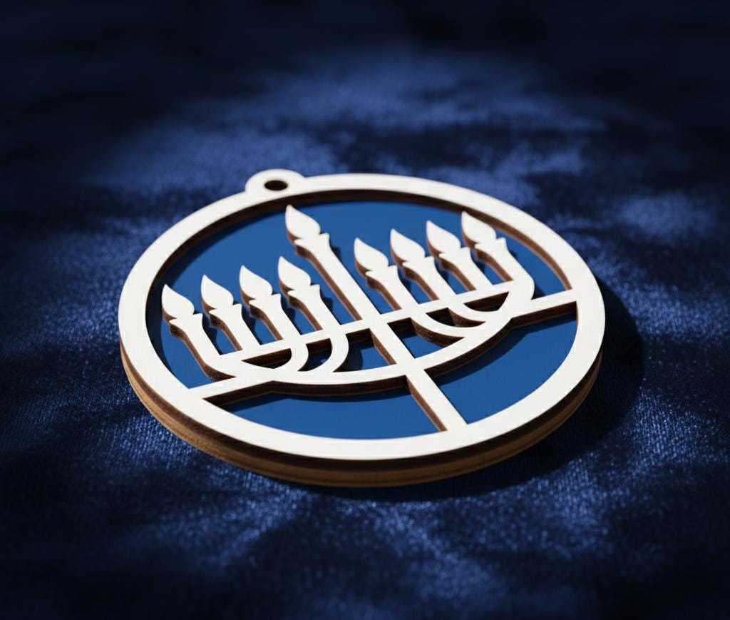 Two Layered Hanukkah Hanukkiah Ornament - Laser Cut Wood, Painted Blue & White