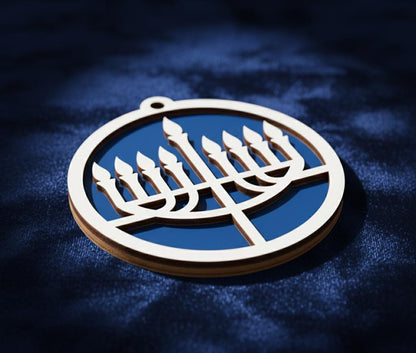 Two Layered Hanukkah Hanukkiah Ornament - Laser Cut Wood, Painted Blue & White
