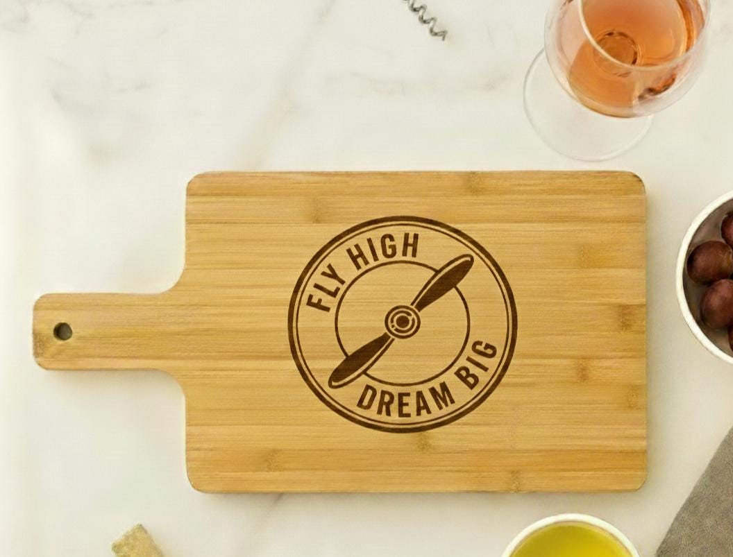 Personalize Engraved Pilot Charcuterie board with Quote "Fly High Dream Big" in - Pilot Gift