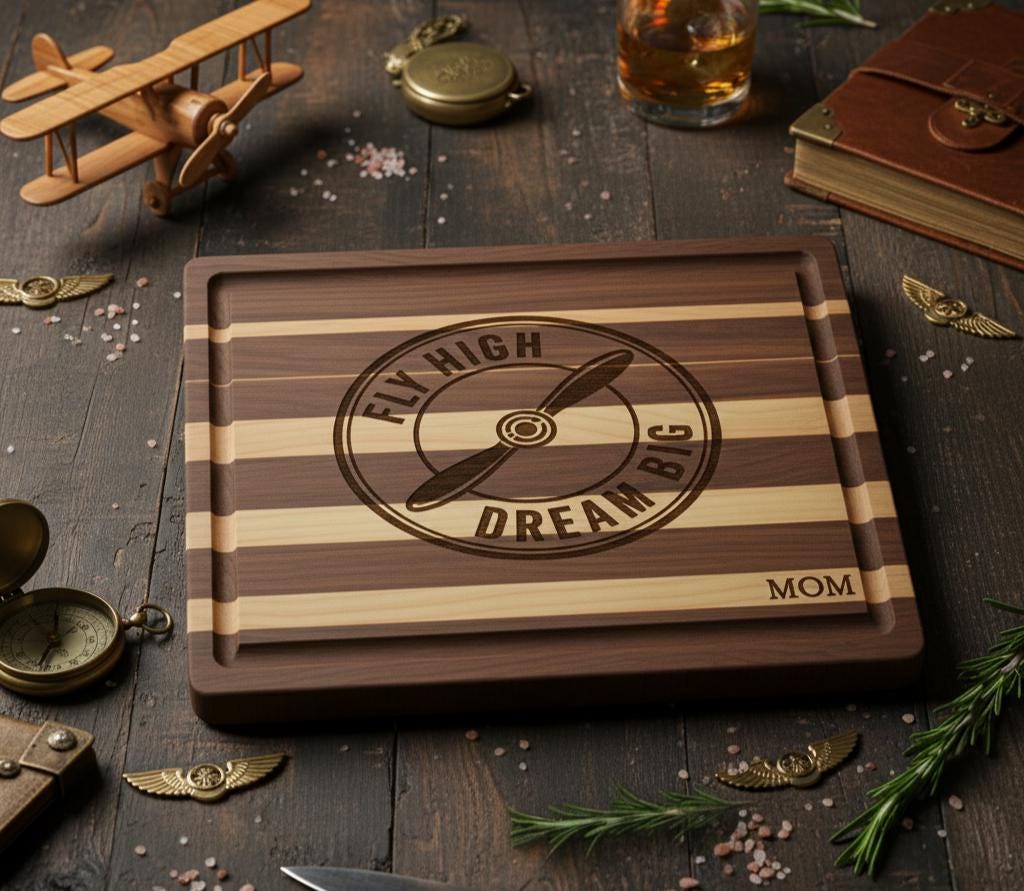 Personalize Engraved Pilot Charcuterie board with Quote "Fly High Dream Big" in - Pilot Gift