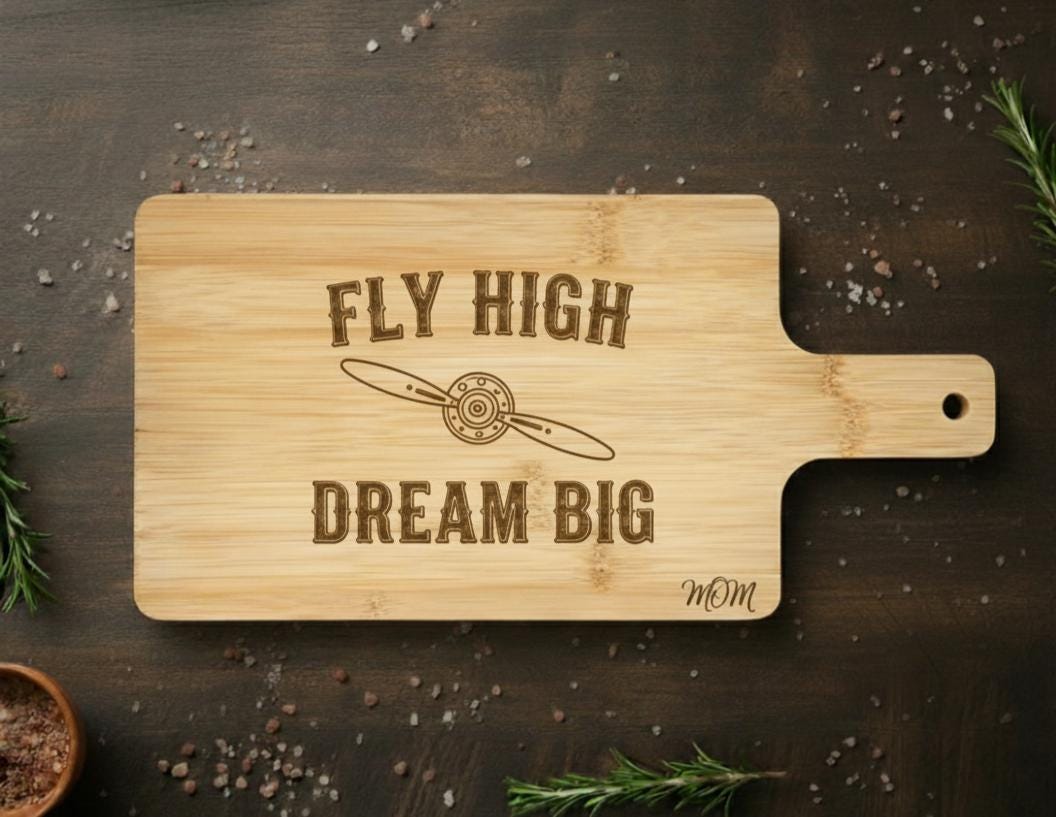 Personalize Engraved Pilot Charcuterie board with Quote "Fly High Dream Big" in - Pilot Gift Bamboo 12 x 6