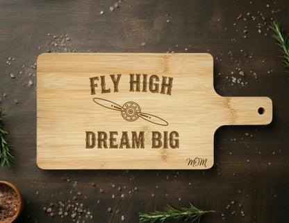 Personalize Engraved Pilot Charcuterie board with Quote "Fly High Dream Big" in - Pilot Gift Bamboo 12 x 6