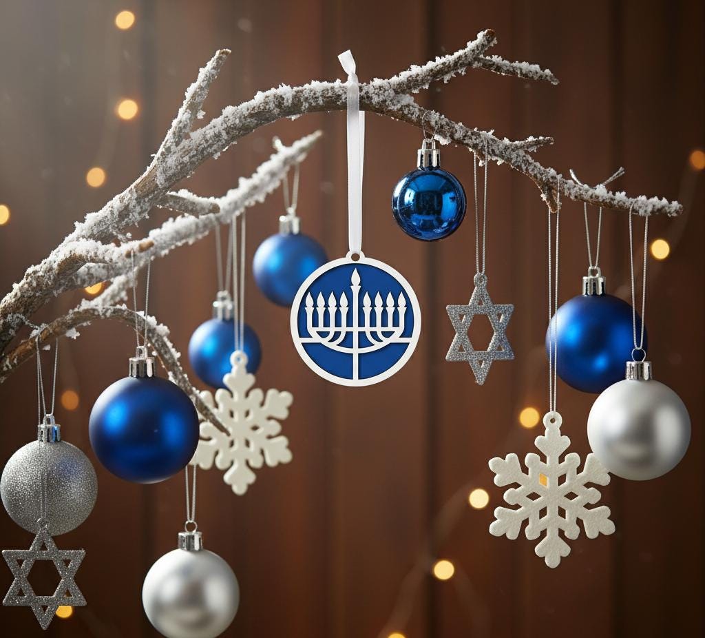 Two Layered Hanukkah Hanukkiah Ornament - Laser Cut Wood, Painted Blue & White