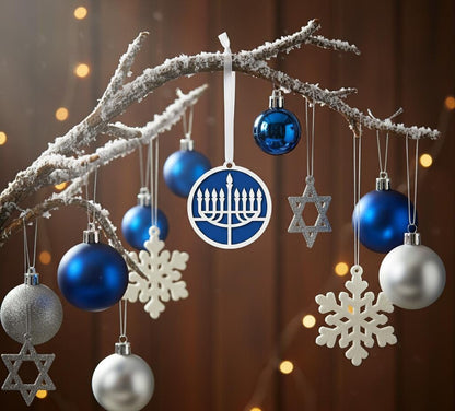 Two Layered Hanukkah Hanukkiah Ornament - Laser Cut Wood, Painted Blue & White