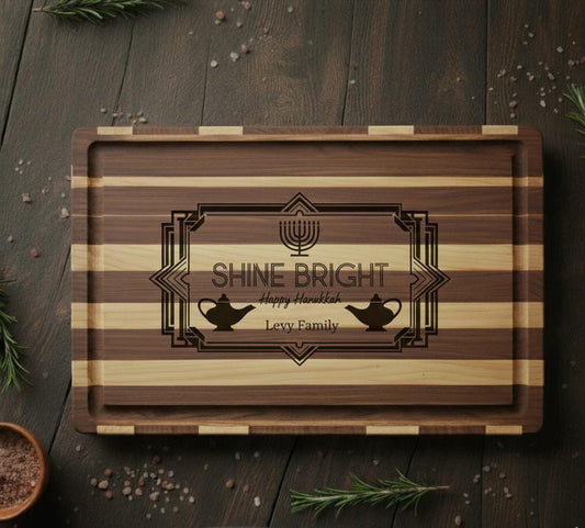 Personalized Hanukkah Cutting Board – Engraved Acacia or Bamboo, Menorah Design