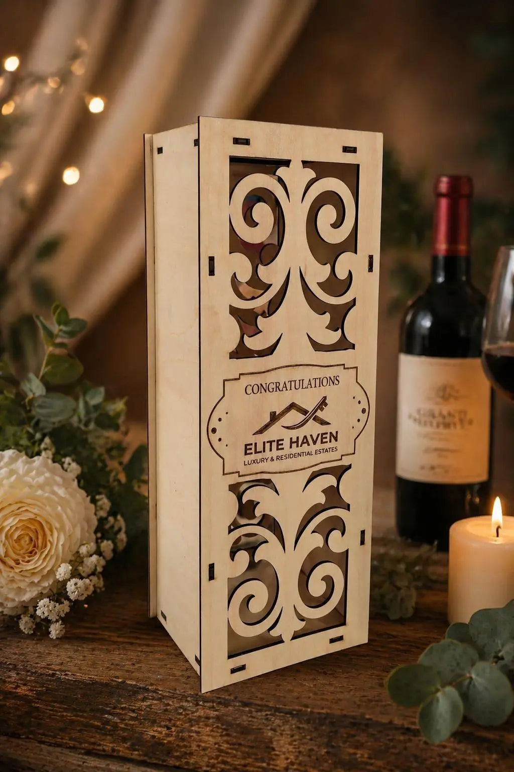 Custom Engraved Wooden Wine Box, Realtor closing gift, Broker Gifting, Customer Appreciation Gift, New Home Milestone Celebration