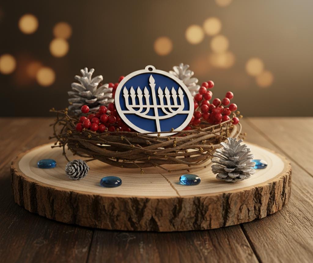 Two Layered Hanukkah Hanukkiah Ornament - Laser Cut Wood, Painted Blue & White