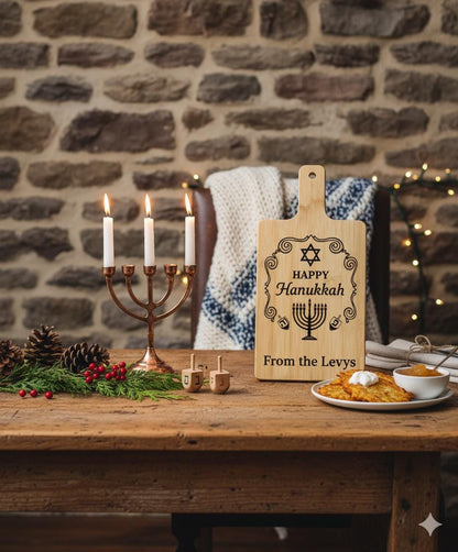 Personalized Hanukkah Serving Board | Engraved Bamboo or Acacia Wood Bamboo 12 x 6