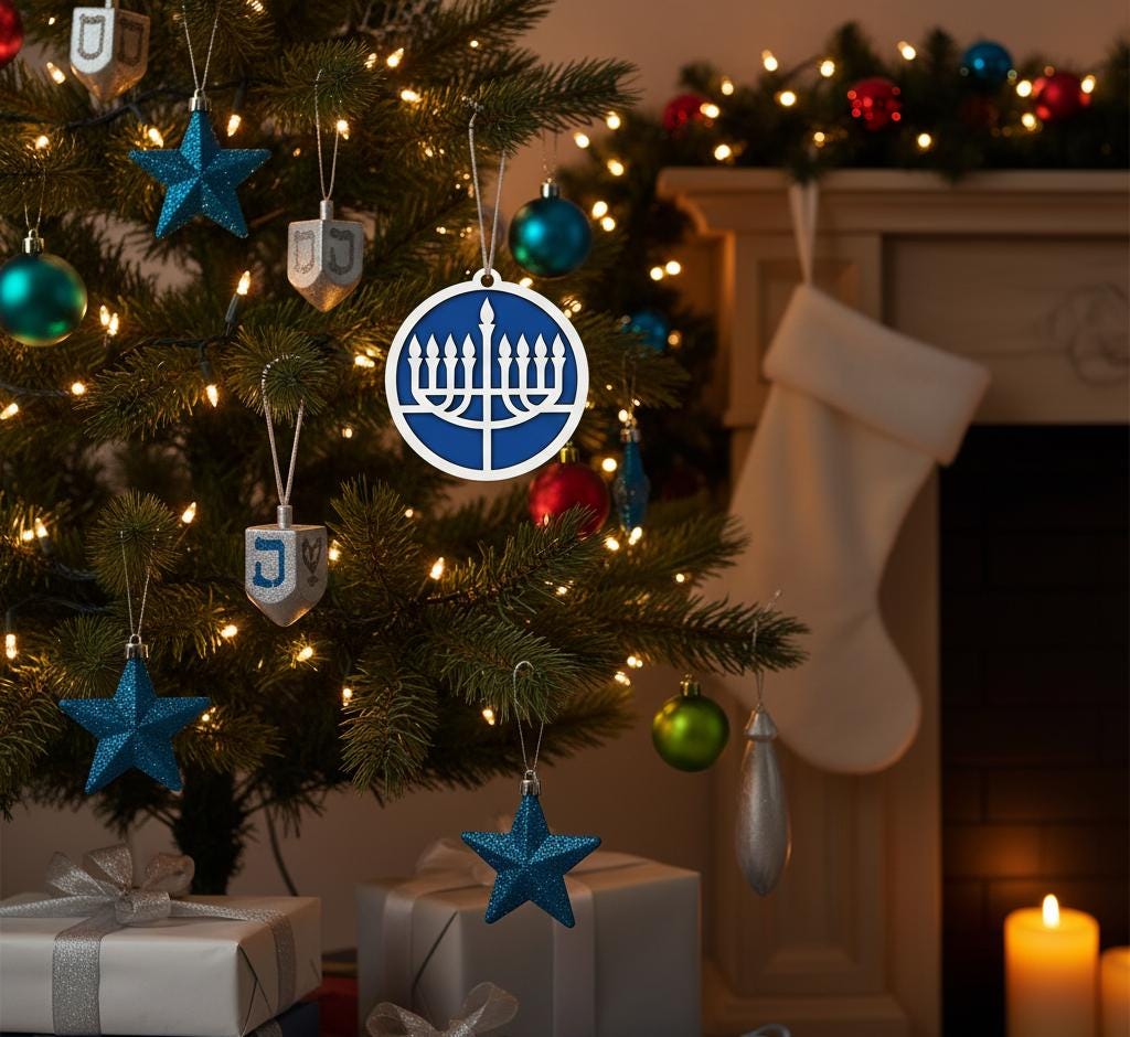 Two Layered Hanukkah Hanukkiah Ornament - Laser Cut Wood, Painted Blue & White