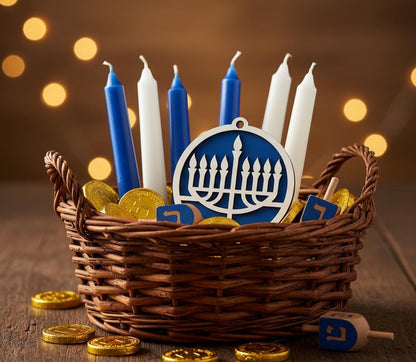Two Layered Hanukkah Hanukkiah Ornament - Laser Cut Wood, Painted Blue & White