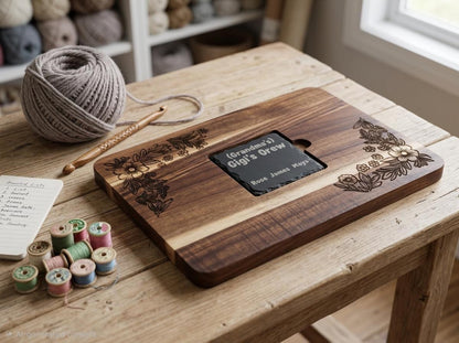 Custom Acacia Wood Serving Board with Slate Inlay, Floral Engraving, Personalized Gift