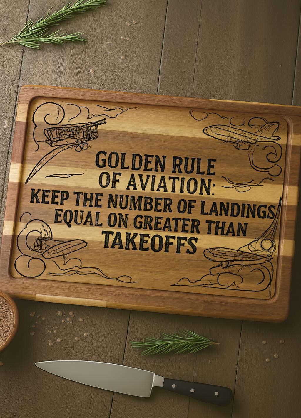 Engraved Aviation Charcuterie Board – Aviation Quote – Striped Acacia – Funny Pilot Gift – Kitchen Decor