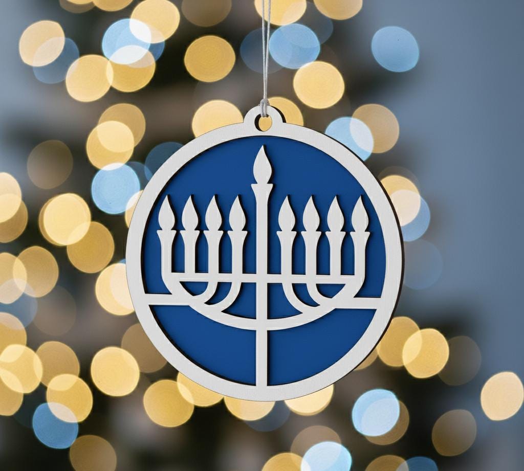 Two Layered Hanukkah Hanukkiah Ornament - Laser Cut Wood, Painted Blue & White
