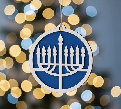 Two Layered Hanukkah Hanukkiah Ornament - Laser Cut Wood, Painted Blue & White