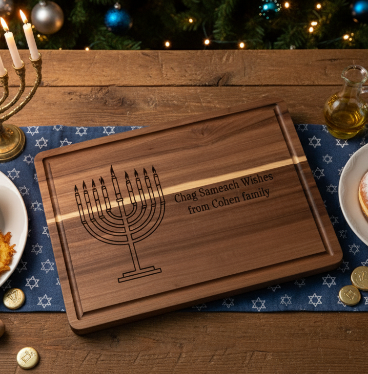 Custom Hanukkah Serving Board | Personalized Chag Sameach Cutting Board | Acacia & Bamboo Choices Acacia 14" x 10" Chag Sameach