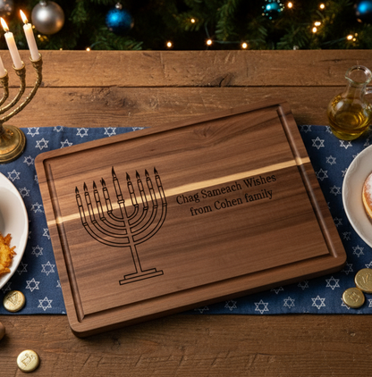 Custom Hanukkah Serving Board | Personalized Chag Sameach Cutting Board | Acacia & Bamboo Choices Acacia 14" x 10" Chag Sameach