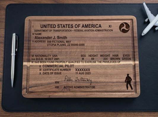 Custom engraved acacia pilot license serving board with engraved FAA certificate design, perfect for serving snacks and displays.