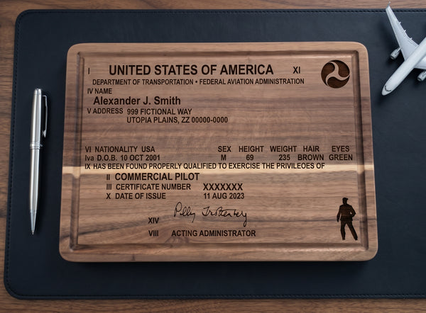 Custom engraved acacia pilot license serving board with engraved FAA certificate design, perfect for serving snacks and displays.