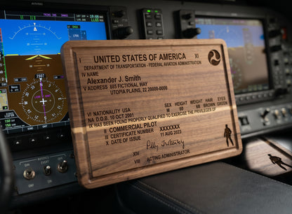Custom engraved pilot license serving board made of acacia wood, ideal for serving and display, from The Present Spot.
