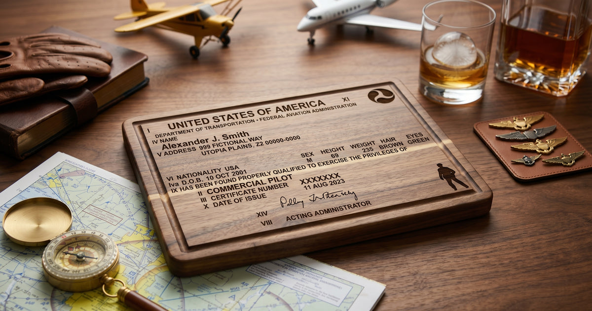 Custom engraved pilot license serving board made of acacia wood, featuring a detailed pilot certificate design.