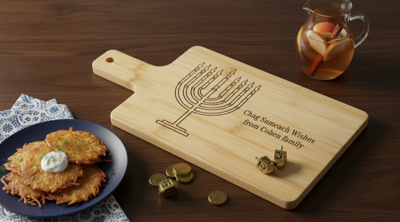 Custom Hanukkah Serving Board | Personalized Chag Sameach Cutting Board | Acacia & Bamboo Choices Bamboo 12" x 6" Chag Sameach