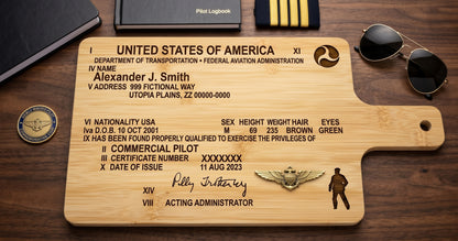Custom engraved bamboo pilot license serving board with FAA certificate design, perfect for aviation-themed presentation.