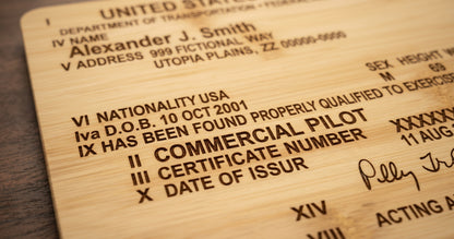 Custom engraved pilot license bamboo serving board with FAA certificate design, ideal for serving and display.