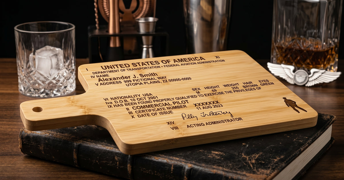 Custom engraved bamboo serving board featuring a pilot license design, perfect for stylish food presentation and serving.