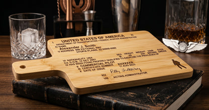 Custom engraved bamboo serving board featuring a pilot license design, perfect for stylish food presentation and serving.