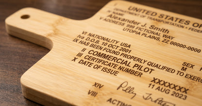 Custom engraved bamboo pilot license serving board with FAA certificate design, perfect for aviation-themed kitchen decor.