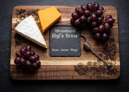 Custom Acacia Wood Serving Board with Slate Inlay, Floral Engraving, Personalized Gift