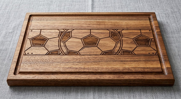 Engraved acacia wood serving board with soccer ball design, ideal for serving charcuterie and displaying football fan decor.